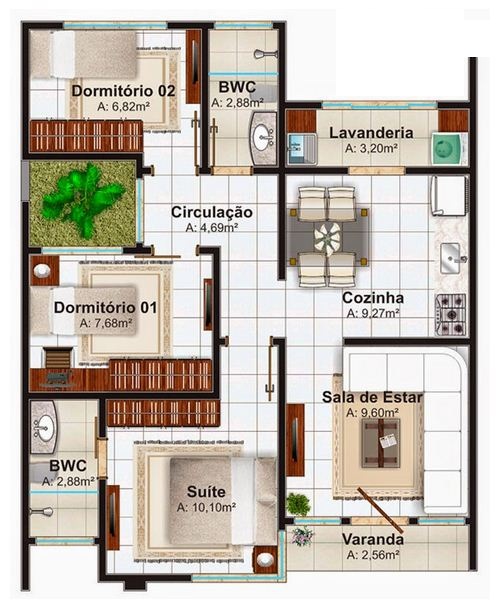 Plano de casa de 3 dormitorios con jardin interno