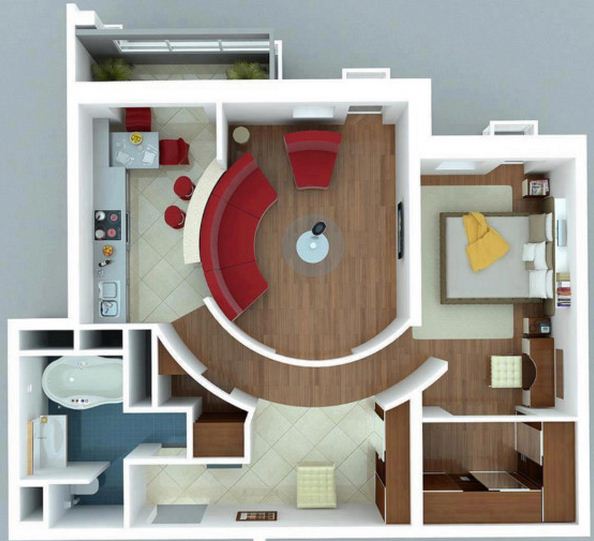 Plano de departamento de un dormitorio moderno