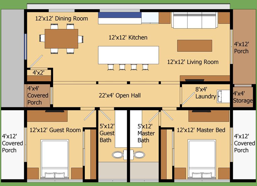 Plano de casa moderna de 90 m2 con 2 dormitorios