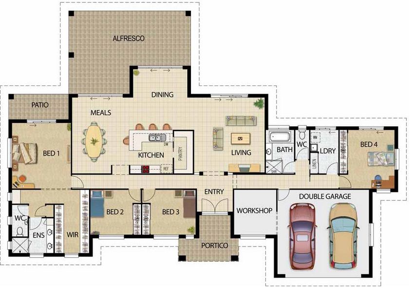 planos de casas modernas de una planta 4 dormitorios