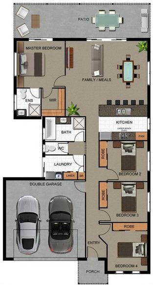 Plano de casa con garaje y 4 dormitorios