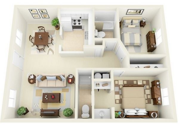 Plano de departamento moderno de 2 dormitorios y 2  baños