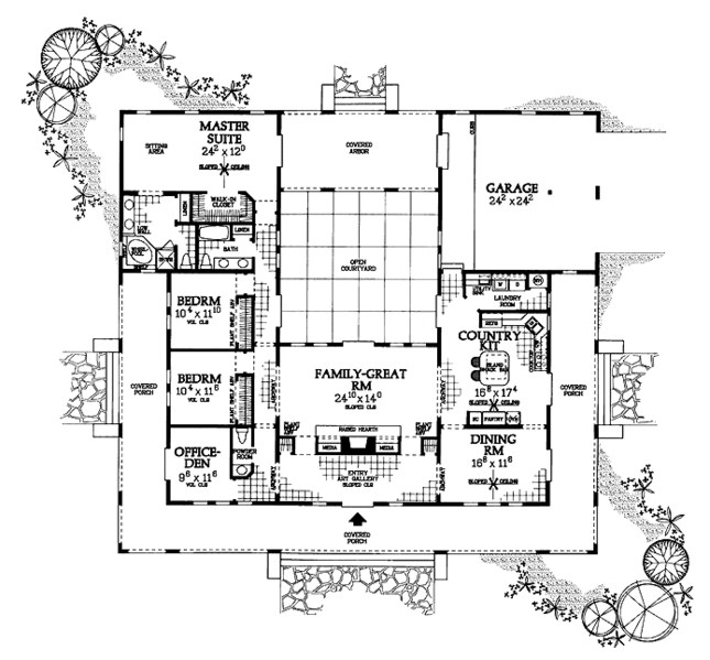 Plano de casa grande con galerías