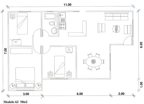 Plano de casa prefabricada de 63 m2
