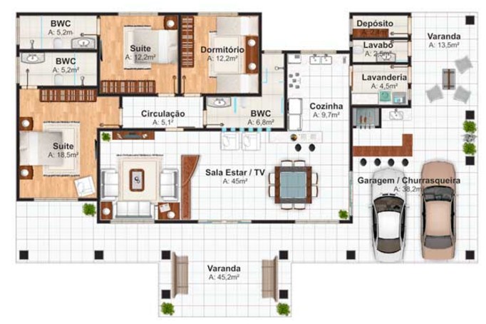Plano de casa de 3 habitaciones con piscina