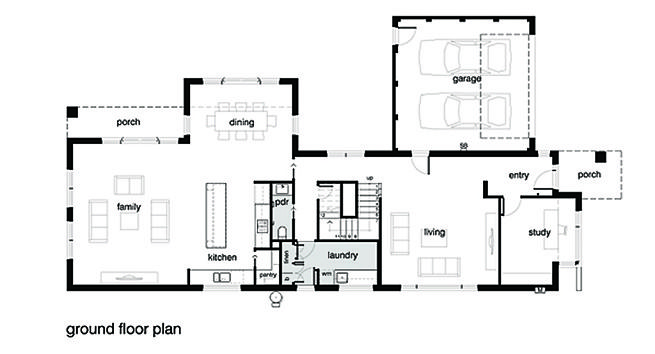 planos de una casa moderna de 2 pisos y balcón Primer piso