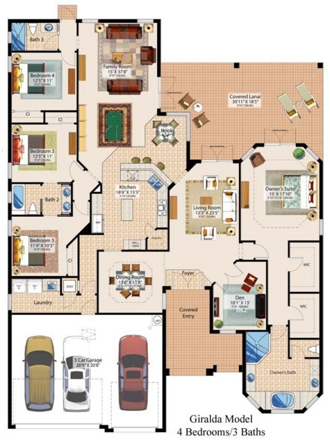 Plano de casa moderna de 4 dormitorios y 3 baños