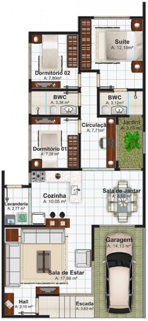 Diseño de casa con tres habitaciones