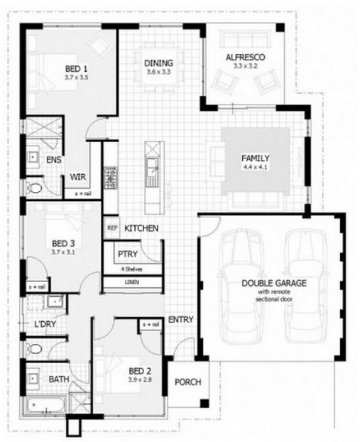 Plano de casa moderna de 3 habitaciones y 2 baños en un piso