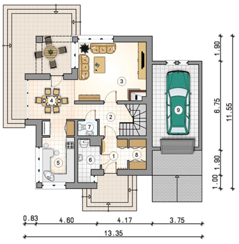 Plano de casa de 2 pisos con cochera y balcones