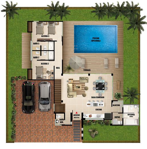 Plano de casa moderna de dos pisos con piscina